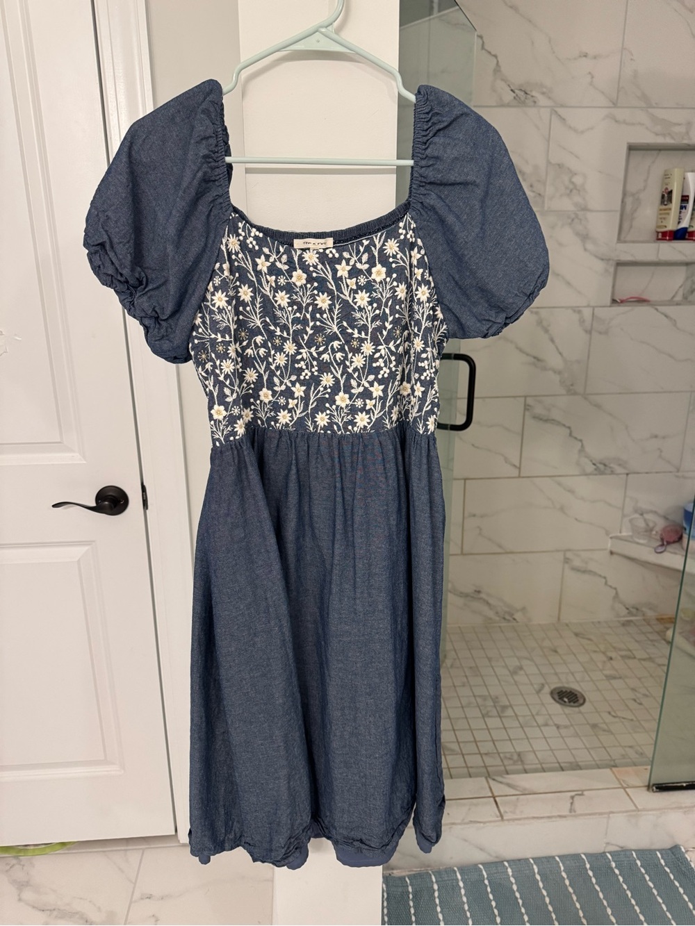 Tea n Rose Navy Blue Floral Bodice Puff-Sleeve Dress